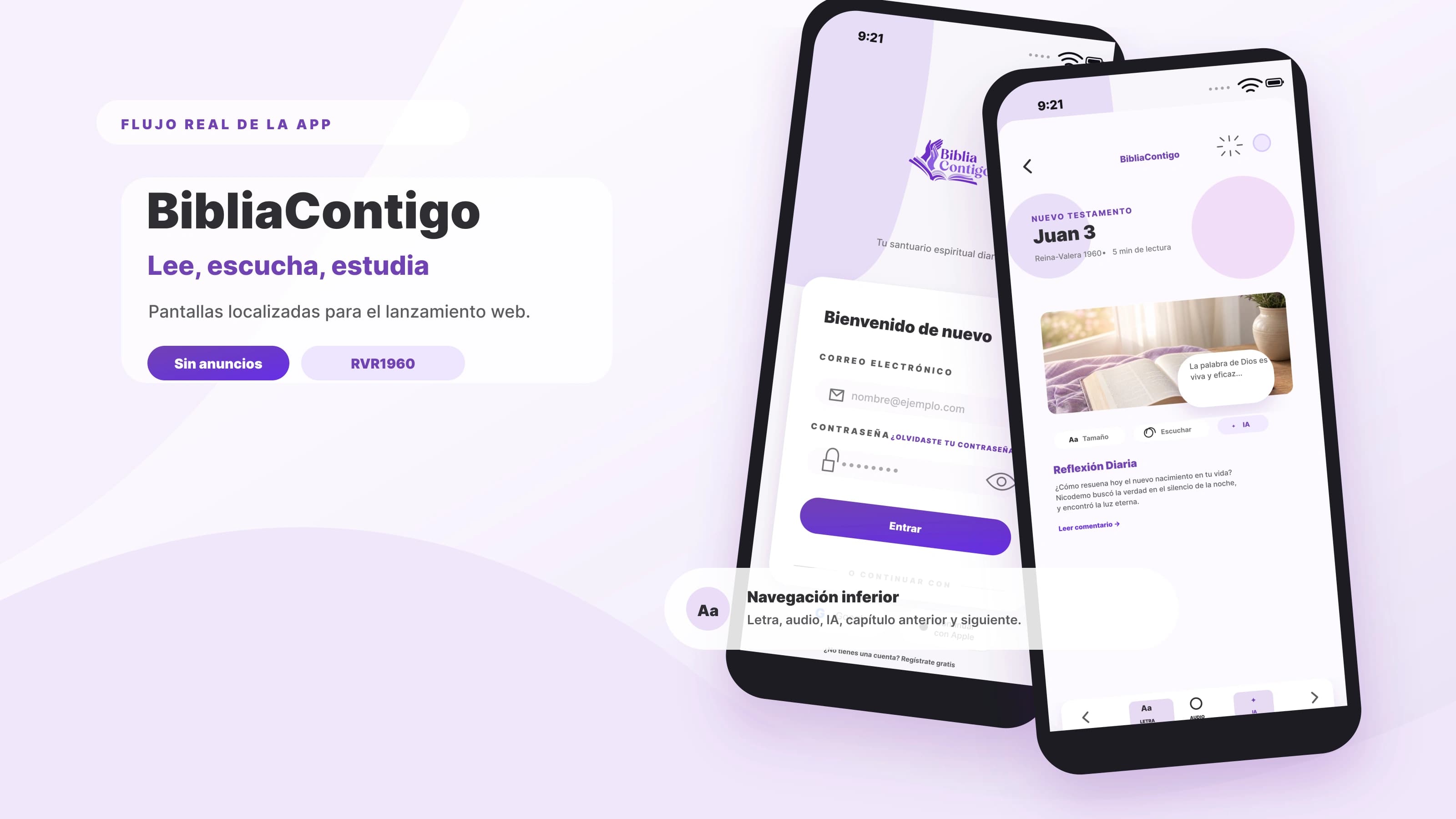 Pantallas de BibliaContigo en español mostrando lectura bíblica, audio, IA e inicio de sesión