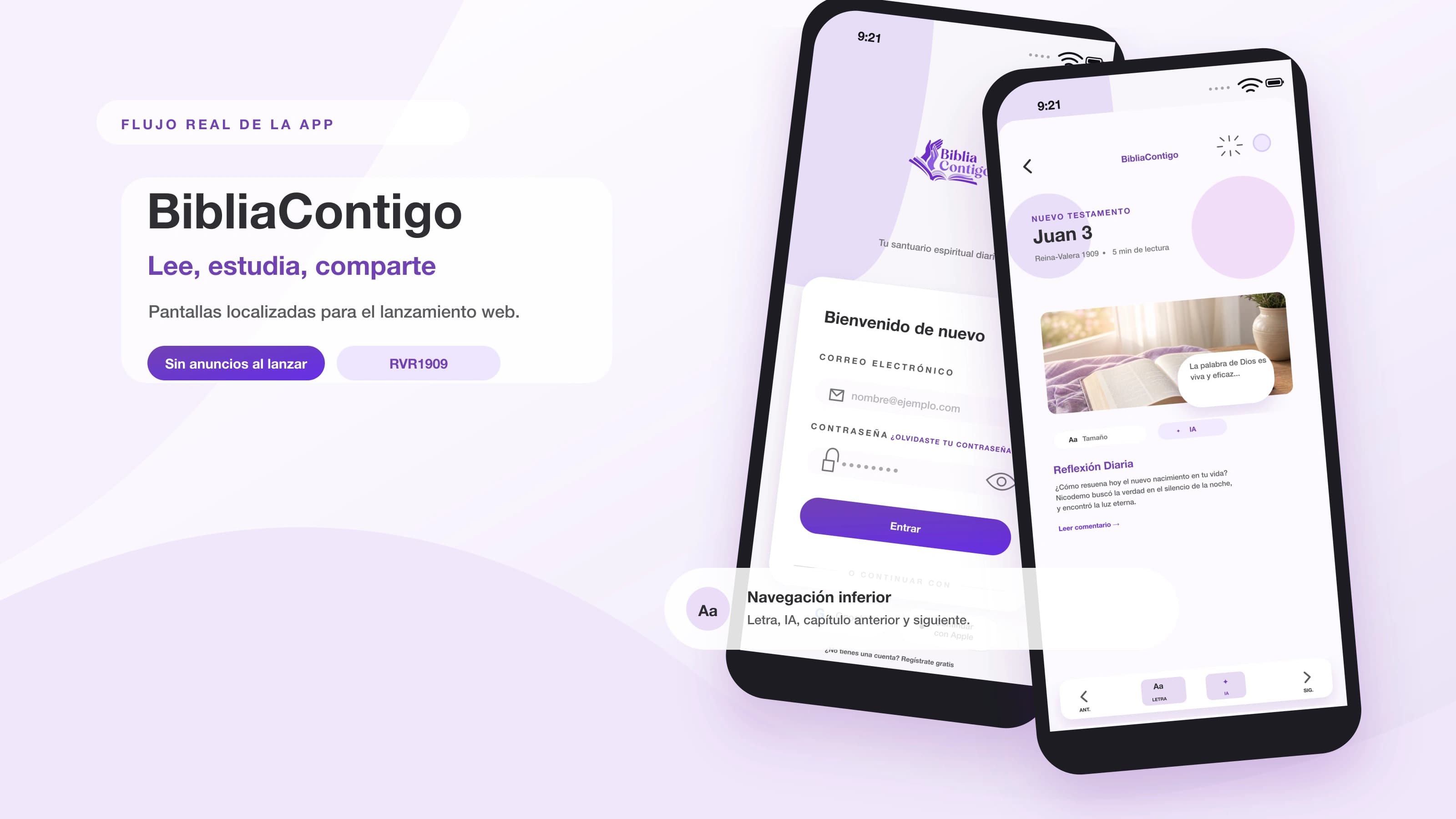 Pantallas de BibliaContigo en español mostrando lectura bíblica, IA e inicio de sesión