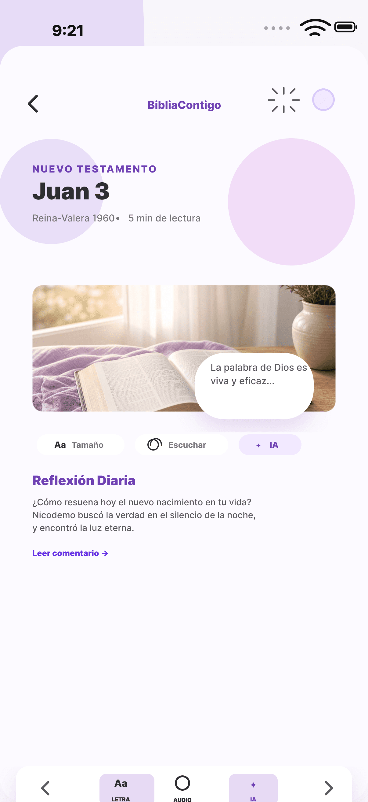 Captura en español del lector de Juan 3 en BibliaContigo